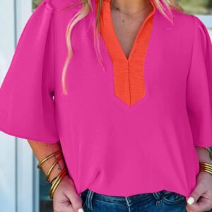 Rose Red Contrast V Neck Colorblock Wide Short Sleeve Top