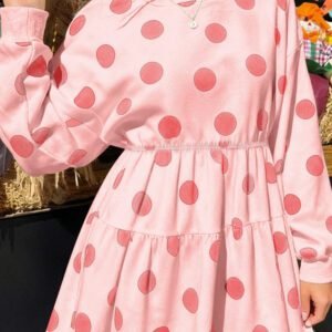 Pink Polka Dot Printed Long Sleeve Flared Mini Dress