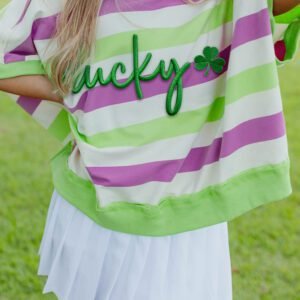 Green Stripe Lucky Clover Embroidered Graphic Dolman Loose Tee