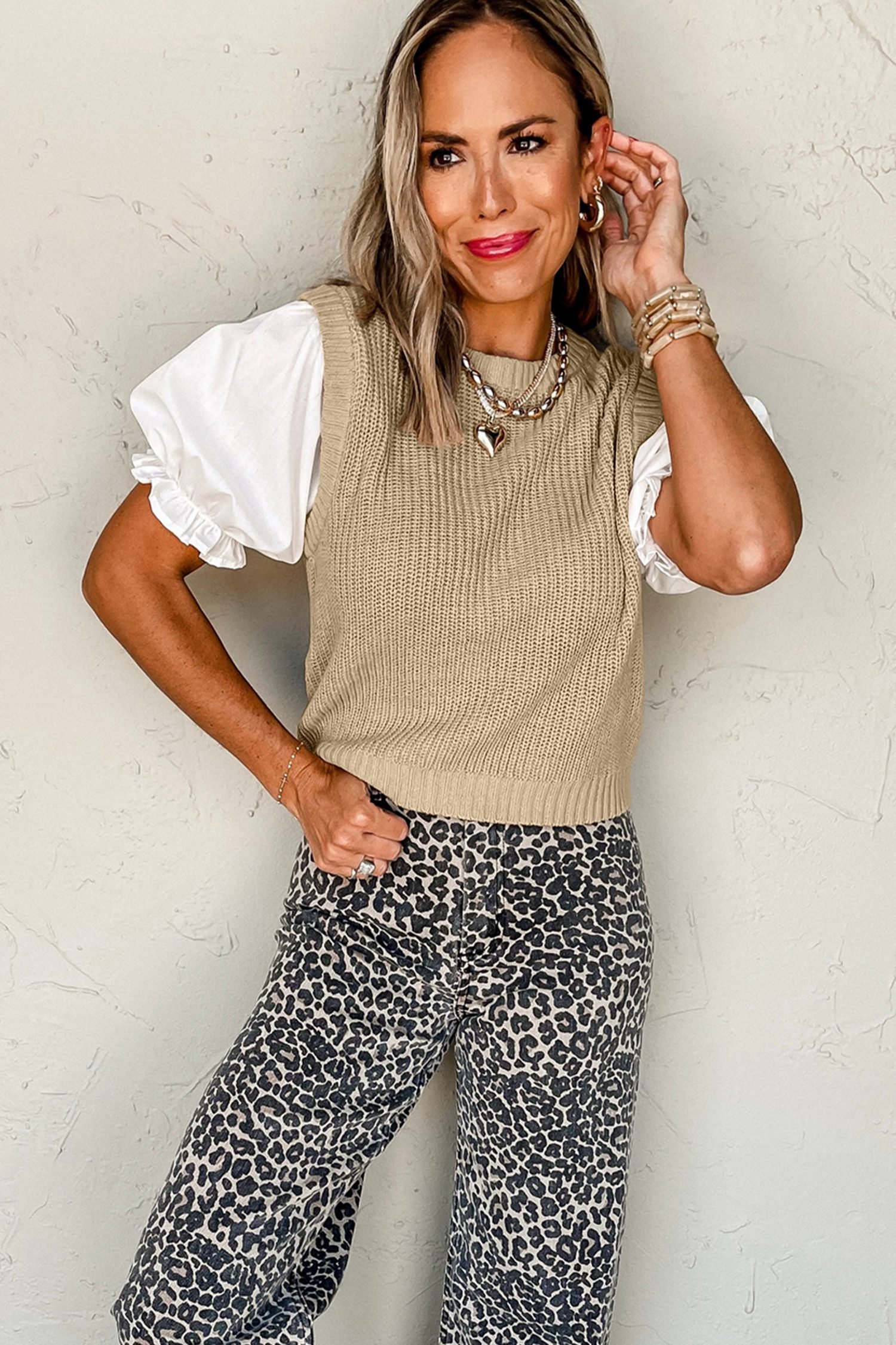 Light French Beige Round Neck Knit Contrast Short Sleeve Patchwork Sweater Top - Image 4