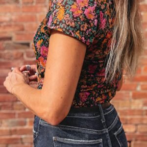 Rose Retro Floral Printed Mesh Short Sleeve Top