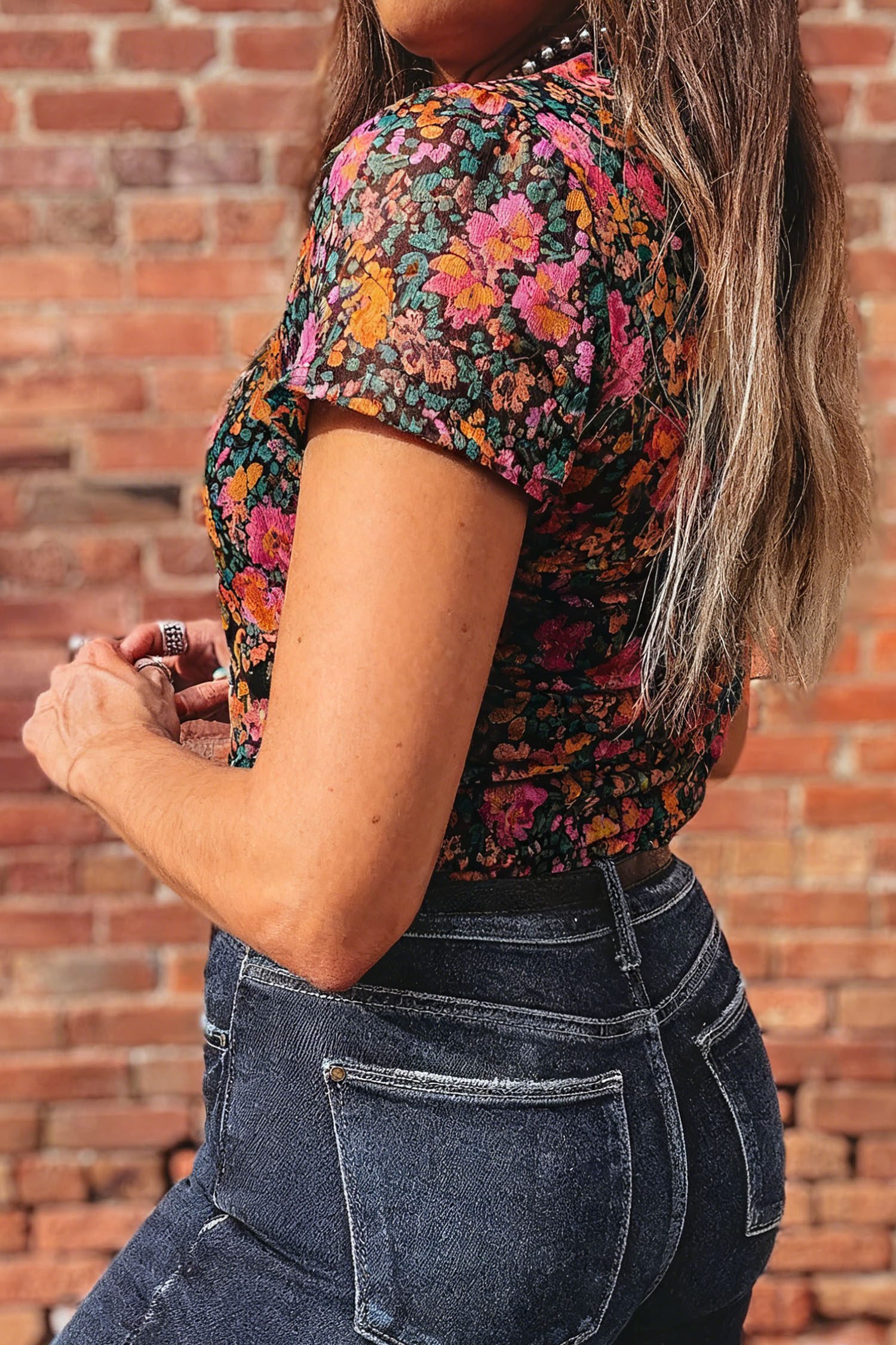 Rose Retro Floral Printed Mesh Short Sleeve Top - Image 2