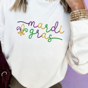 White mardi gras Fleur De Lis Embroidered Graphic Pullover Sweatshirt