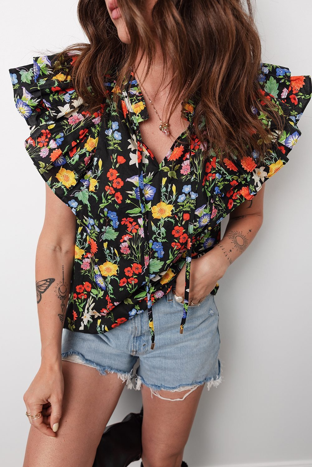 Black Tiered Flutter Sleeve V Neck Flower Blouse - Image 4