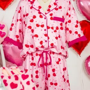 Rose Cherry Bow Mixed Print Scalloped Edge Short Pajama Set