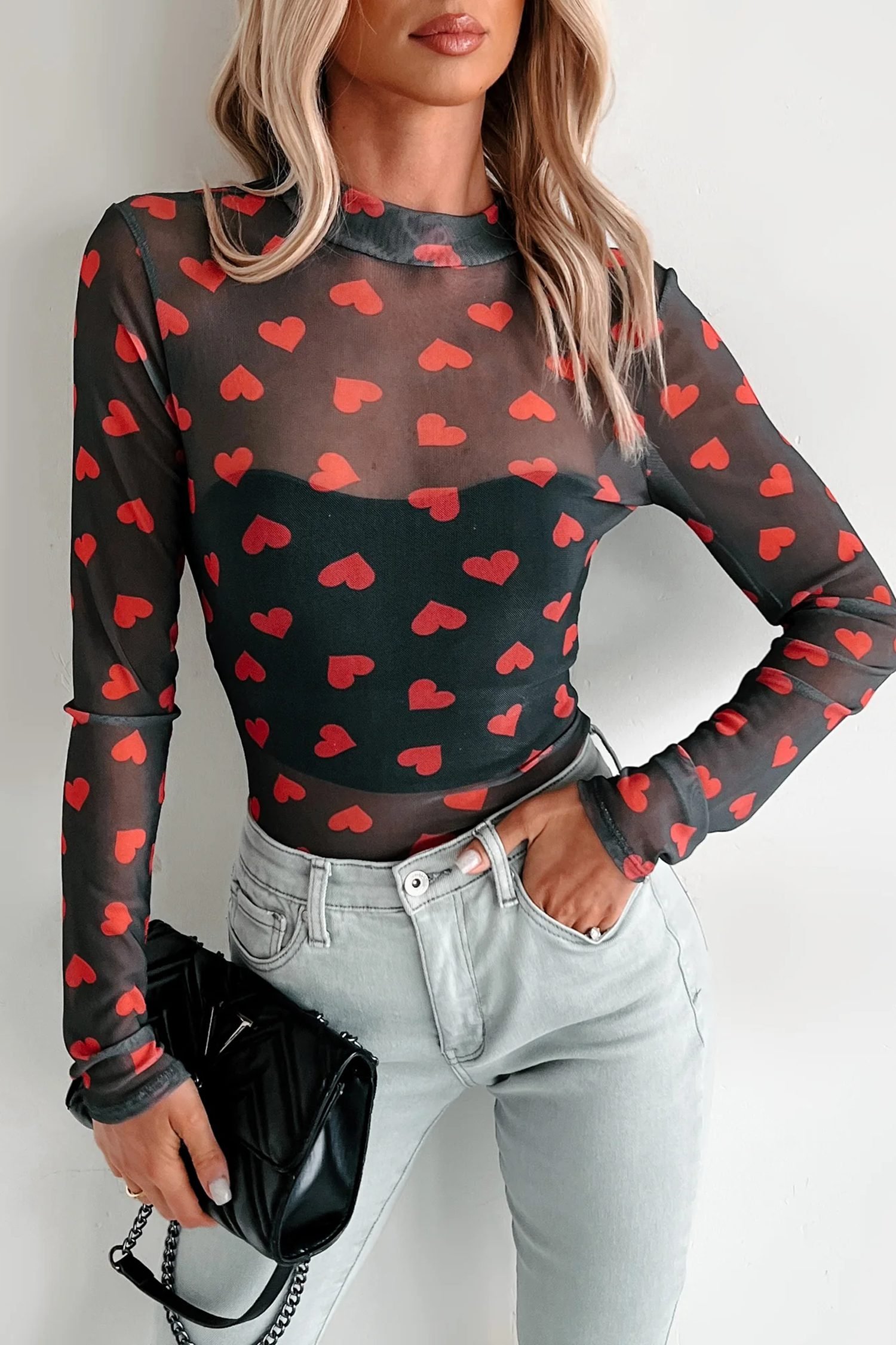 Black Valentines Heart Printed Sheer Mesh Long Sleeve Top - Image 6