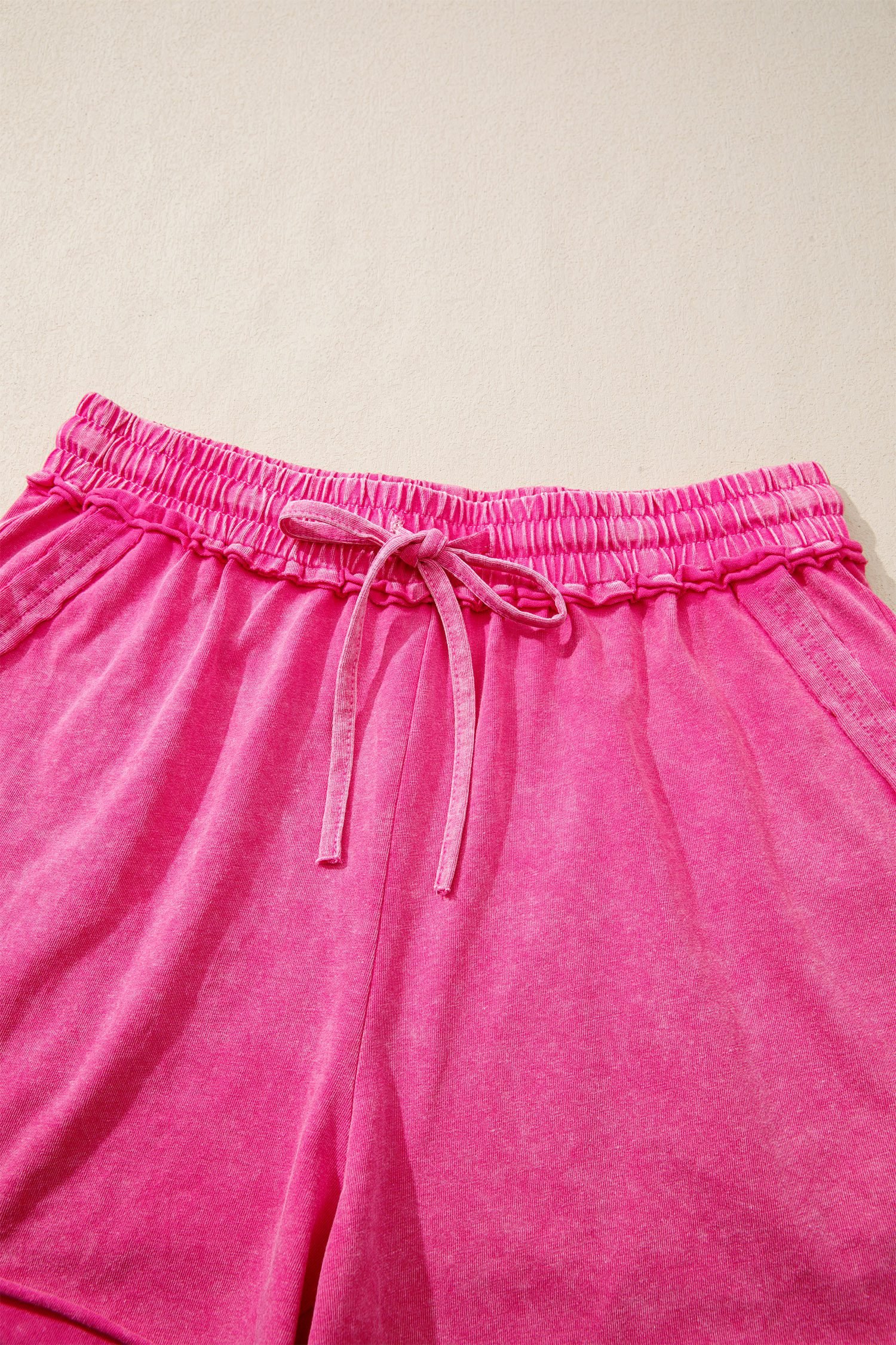 Rose Red Mineral Washed Drawstring Elastic Waist Raw Cut Shorts - Image 10