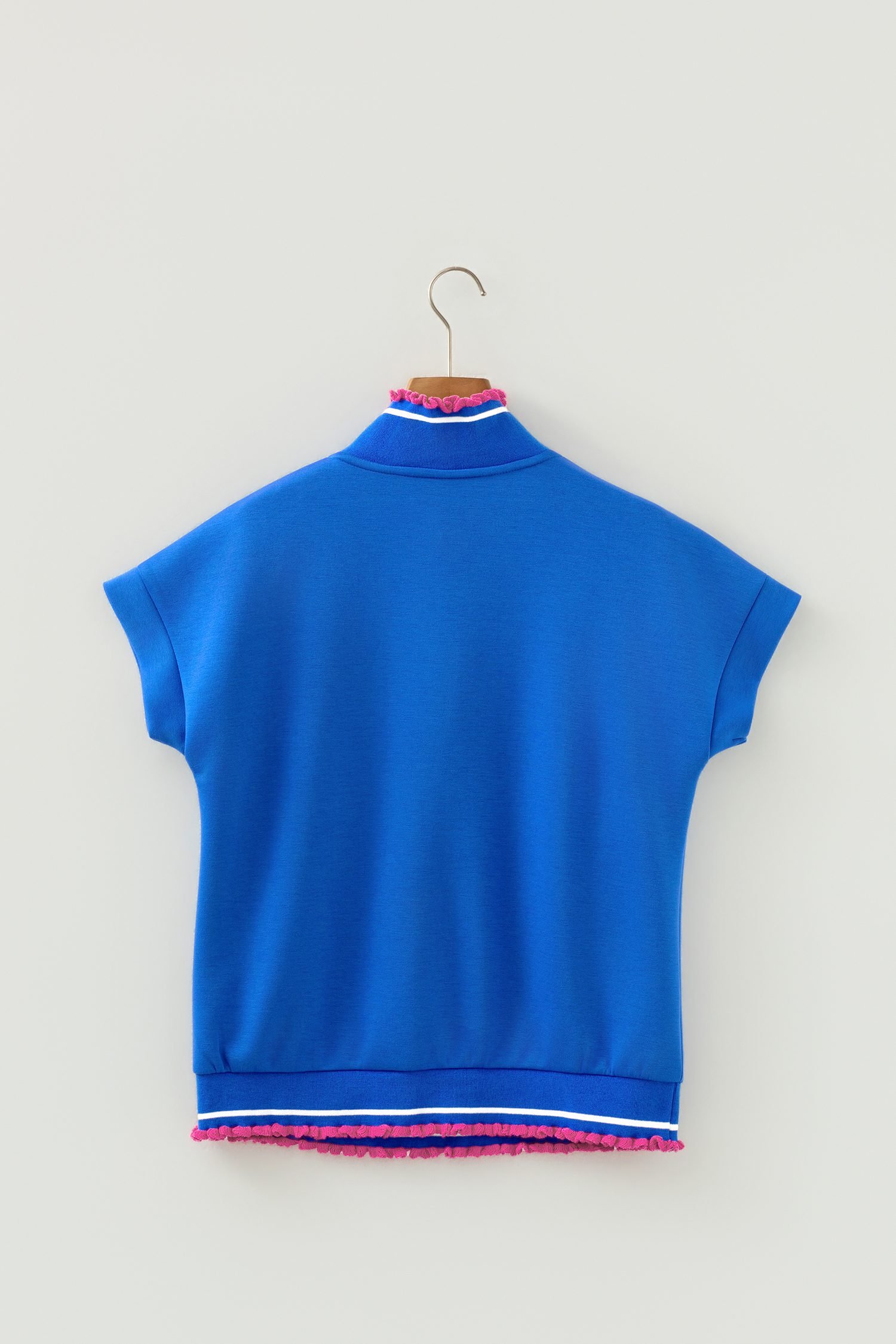 Sky Blue Contrast Frilled Trim Button Collared Short Sleeve Knit Top - Image 8