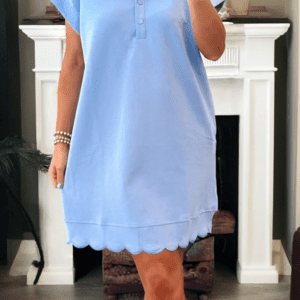 Beau Blue Solid Color Snap Button Polo Collar Short Sleeve Scallop Hem Mini Dress