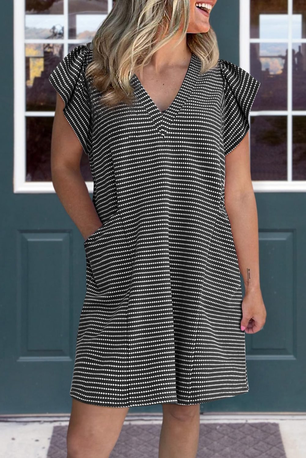 Black Stripe Textured Knit V Neck Flutter Sleeve Shift Mini Dress