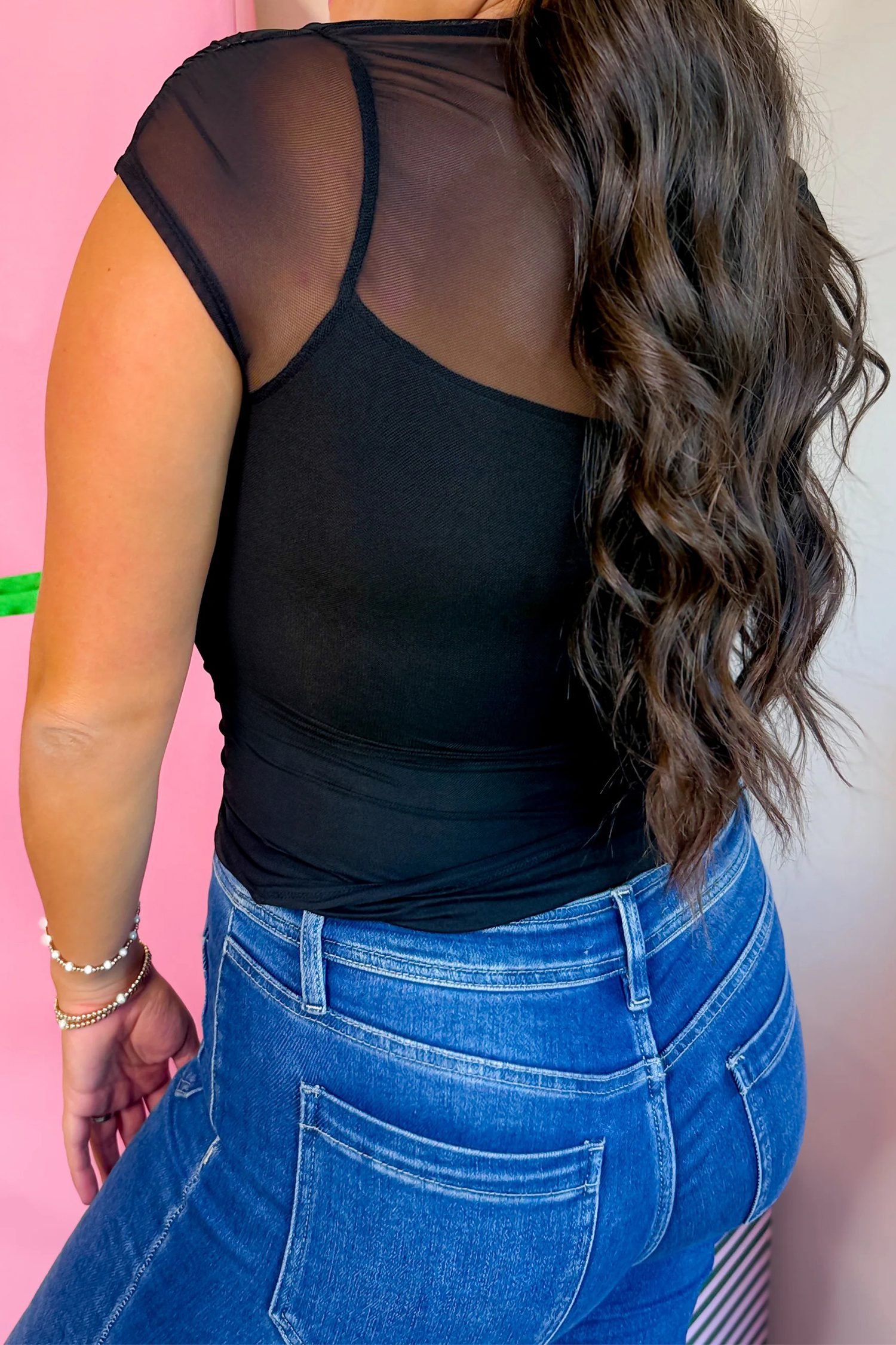 Black Sheer Mesh Patchwork Cap Sleeve T Shirt - Image 2