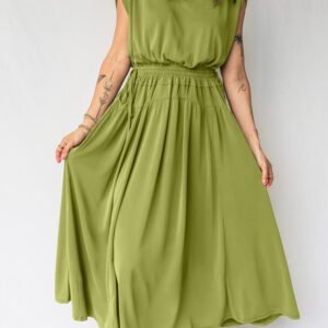 Fern Green Solid V Neck Cap Sleeve Tunic Elastic Waist Versatile Maxi Dress