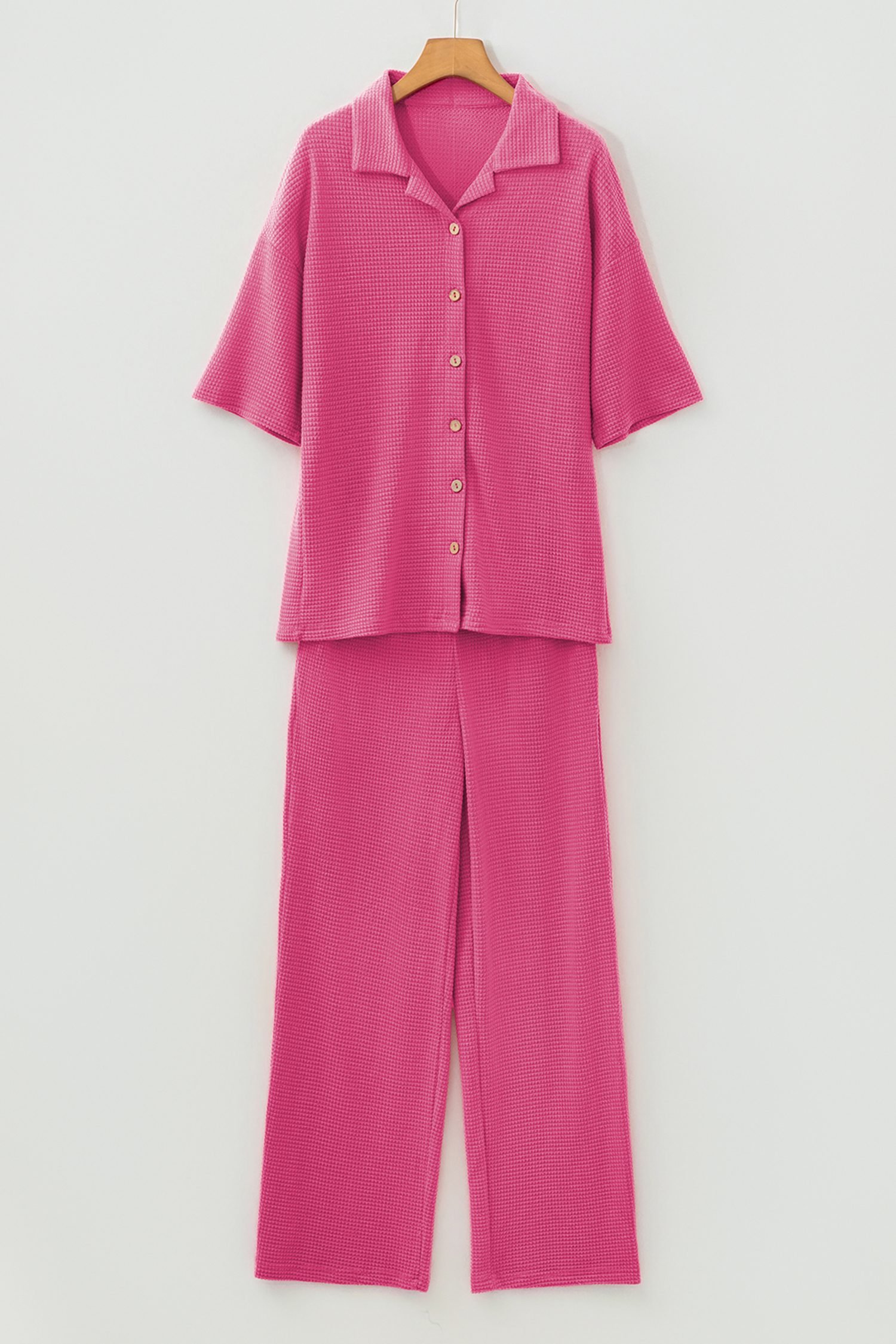 Rose Red Solid Color Textured Buttoned Shirt and Casual Pants Set