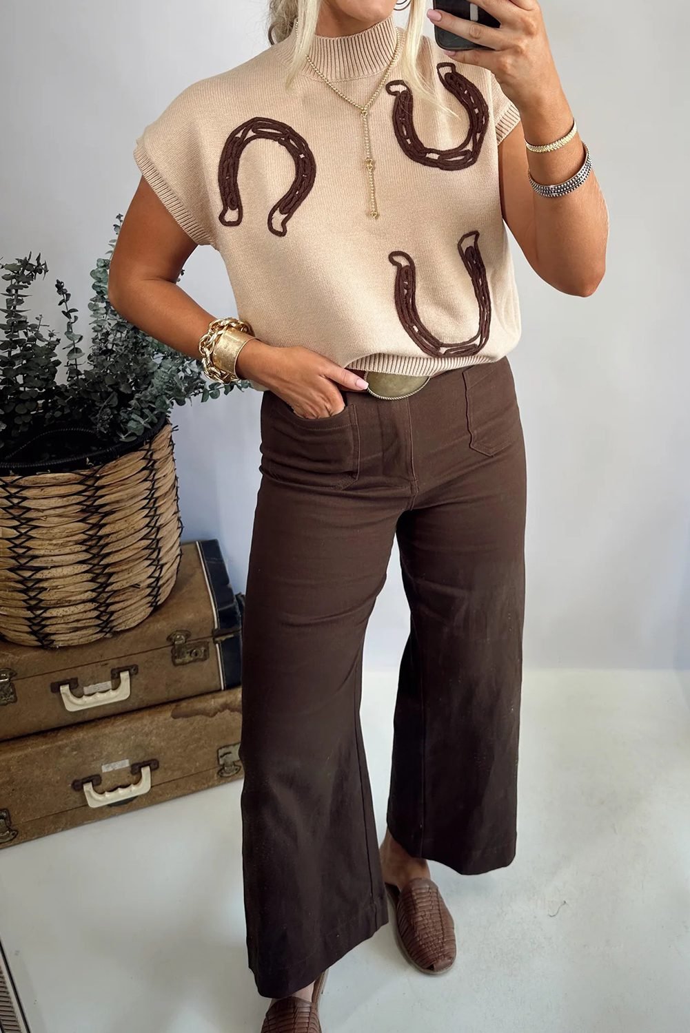 Parchment Corded Horseshoes Ribbed Trim Mock Neck Short Sleeve Sweater - Image 2