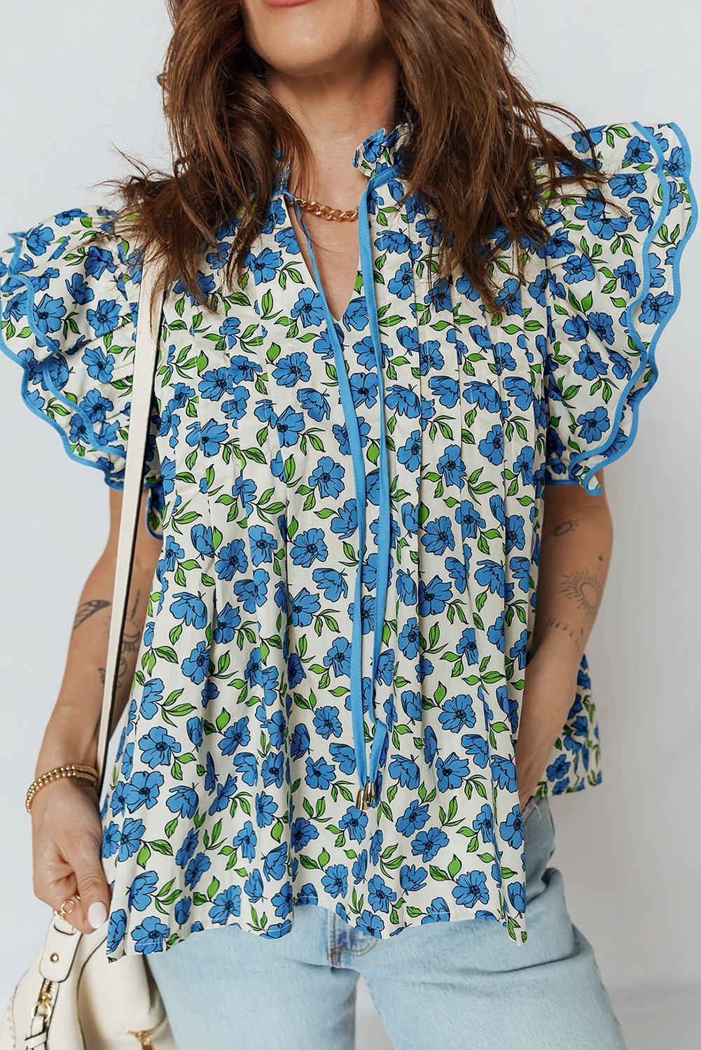 Sky Blue Tiered Flutter Sleeve Pleated Flower Blouse - Image 4