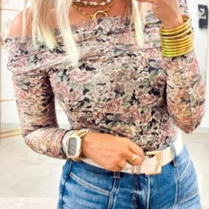 Black Floral Print Mesh Long Sleeve Foldover Off Shoulder Top