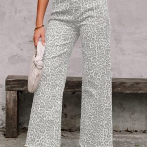 Gray Leopard Frayed Edge Wide Leg High Waist Jeans