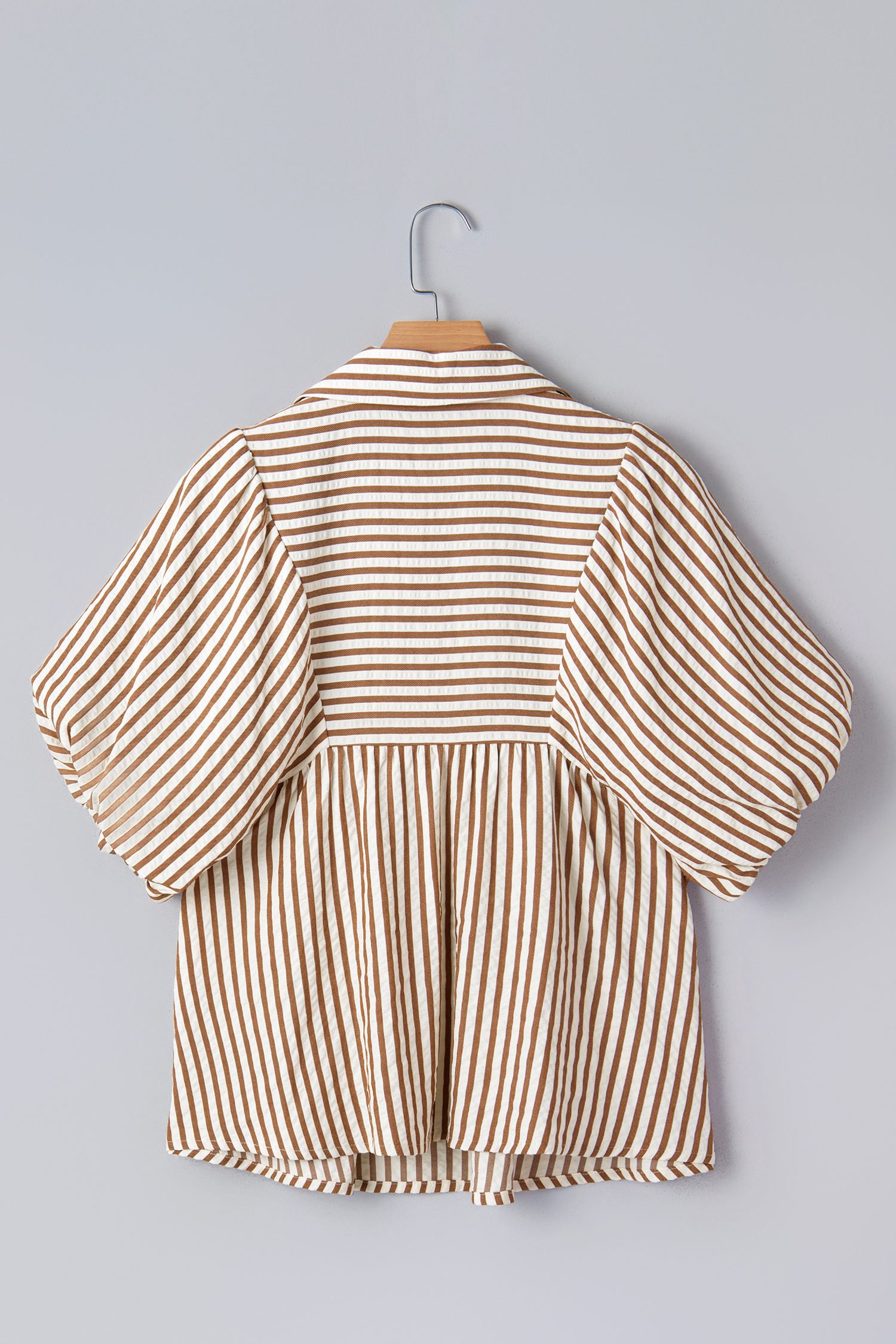 Brown Stripe Shirred V Neck Short Puff Sleeve Blouse - Image 15