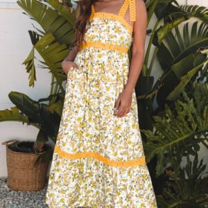 Banana Cream Floral Lace Tied Strap Empire Waist Maxi Dress