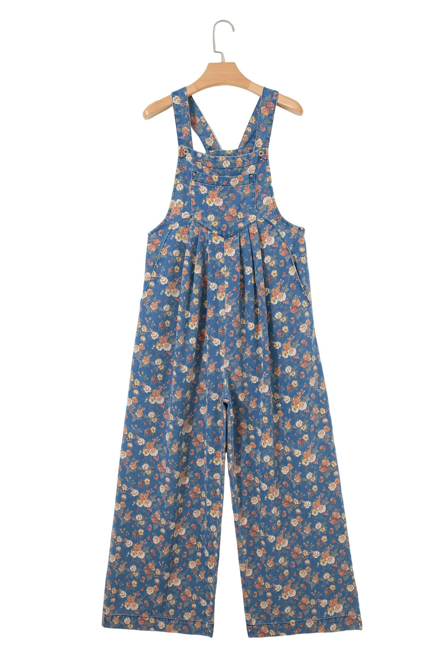 Blue Vintage Rose Printed Pleated Loose Denim Overall Jumpsuit