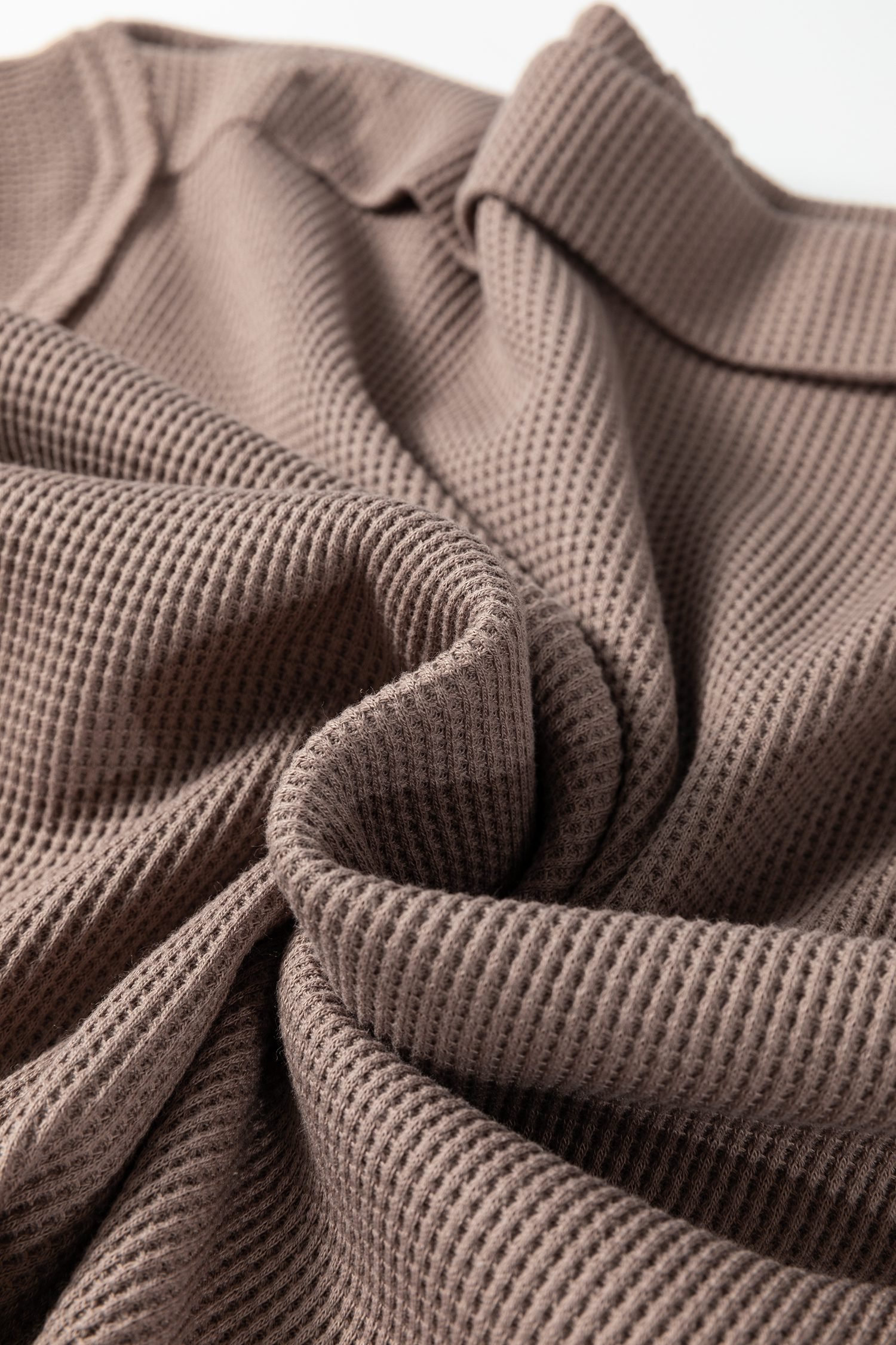 Old Rose Solid Color Waffle Knit Asymmetric Neck Long Sleeve Top - Image 9