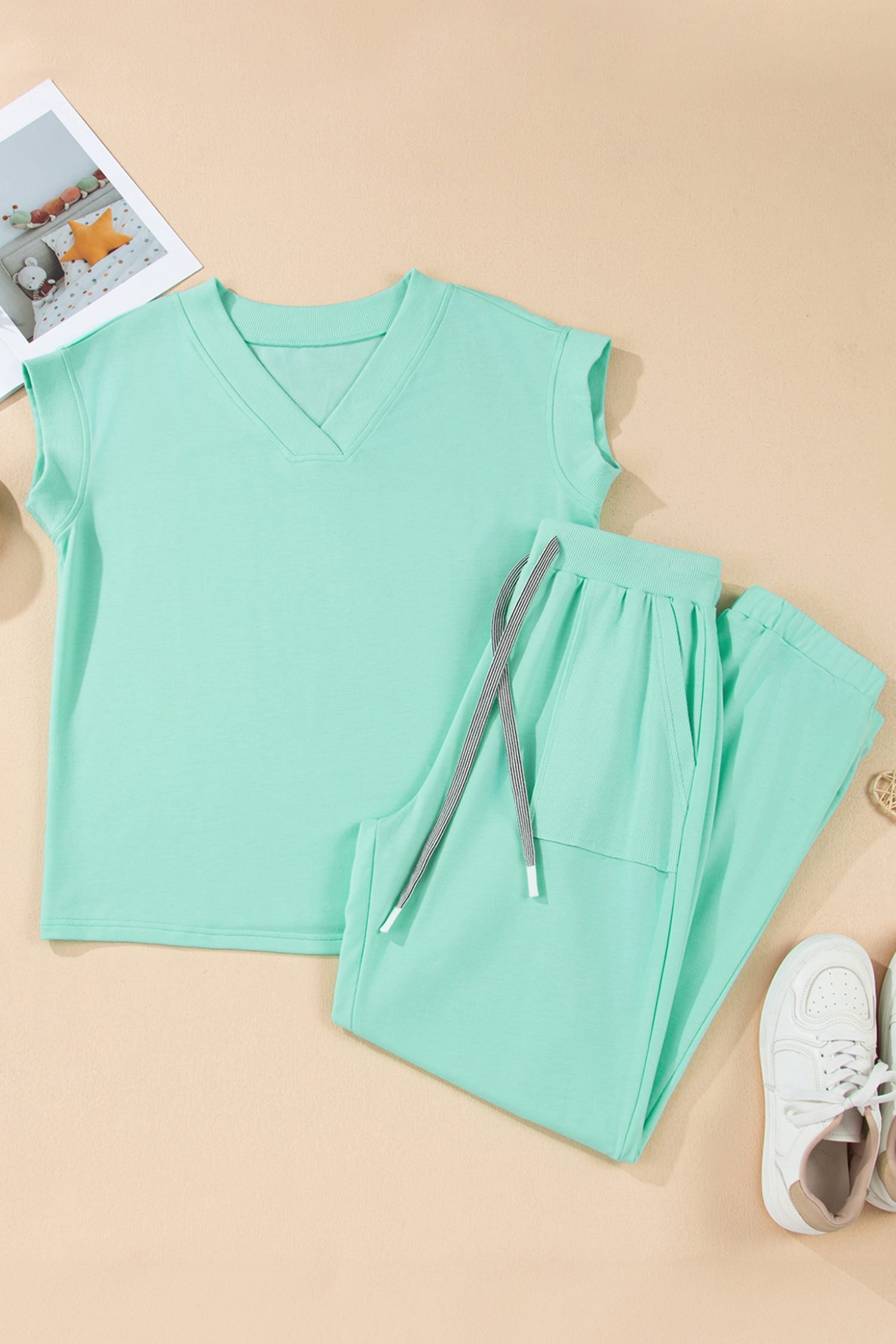 Mint Green Solid Color V Neck Tee Drawstring Pant Set - Image 3