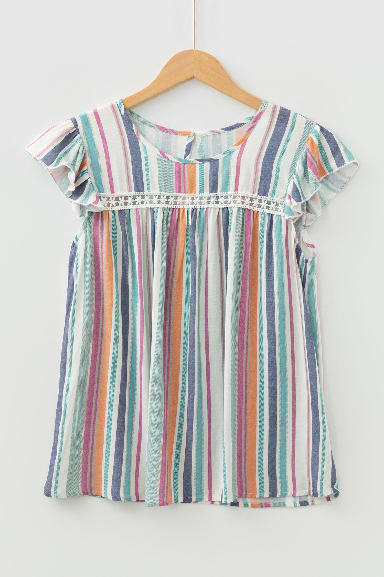 Light Blue Lace Hollow-out Insert Flutter Sleeve Striped Blouse