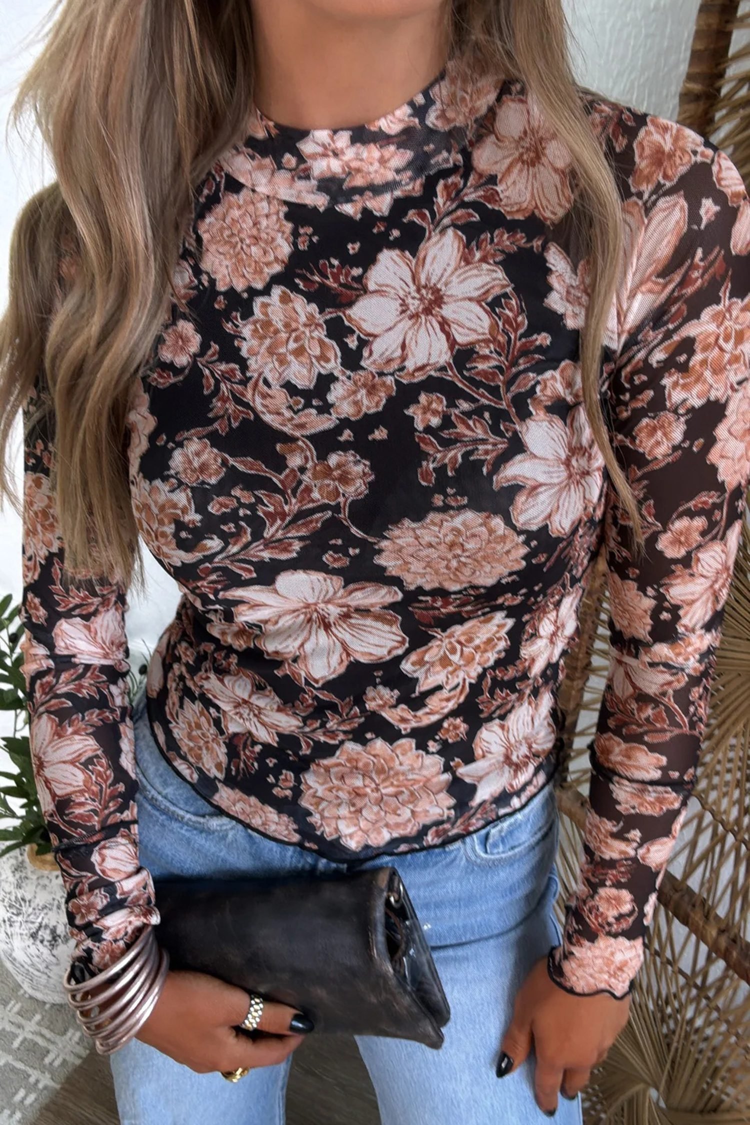 Black Floral Print Mesh Mock Neck Long Sleeve Top - Image 5
