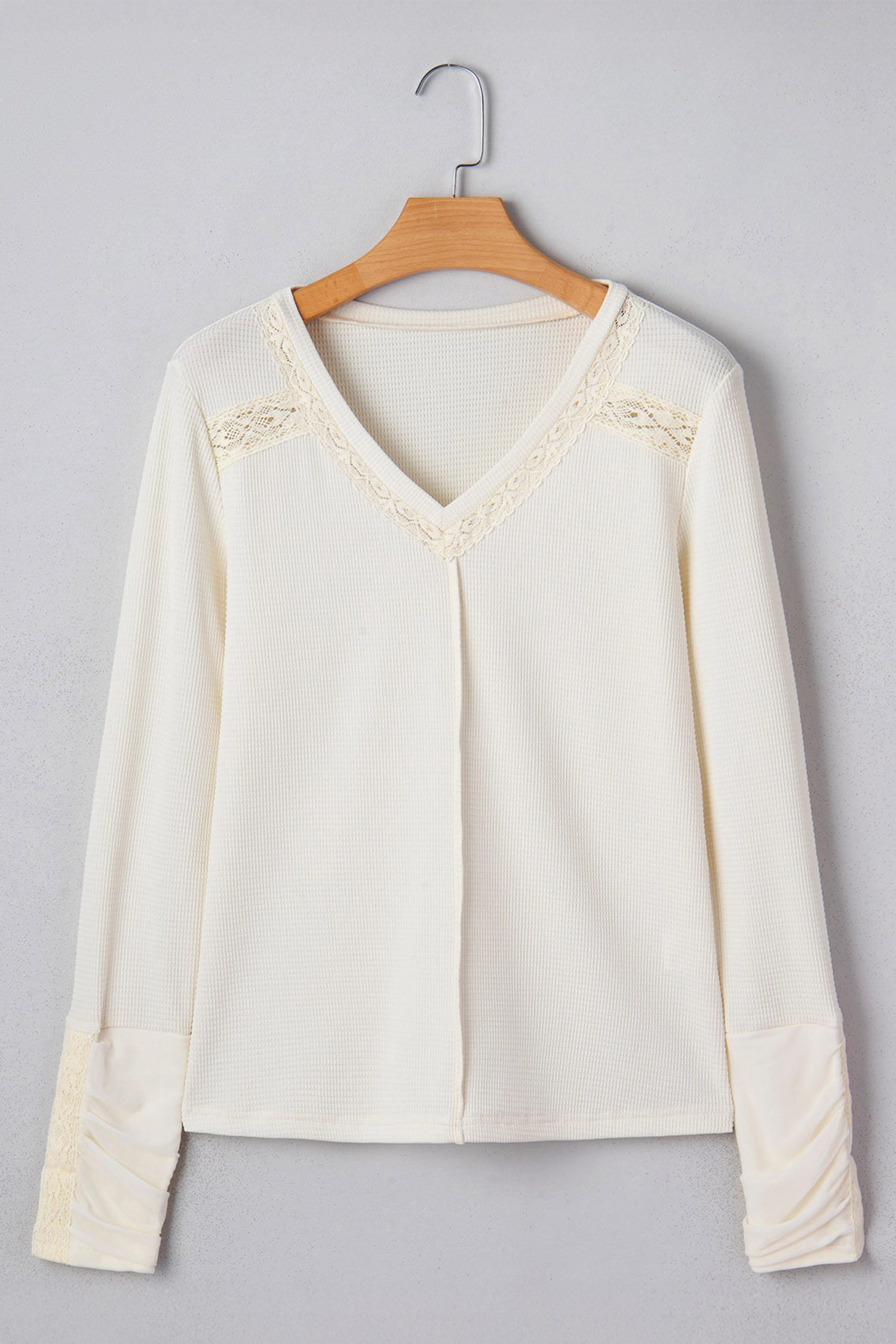 Beige Thermal Knit Lace Ruched Patchwork Long Sleeve V Neck Top - Image 5