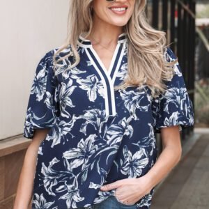 Blue Floral Print Short Puff Sleeve Striped Trim V Neck Blouse