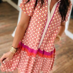 Orange Geometric Floral Print Color Block Trim Button Front Ruffle Hem Dress