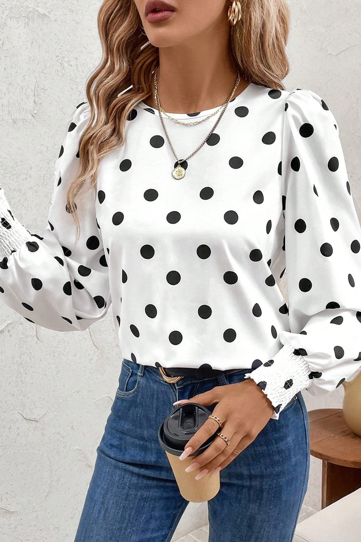 White Polka Dot Print Round Neck Frilled Long Sleeve Blouse - Image 4