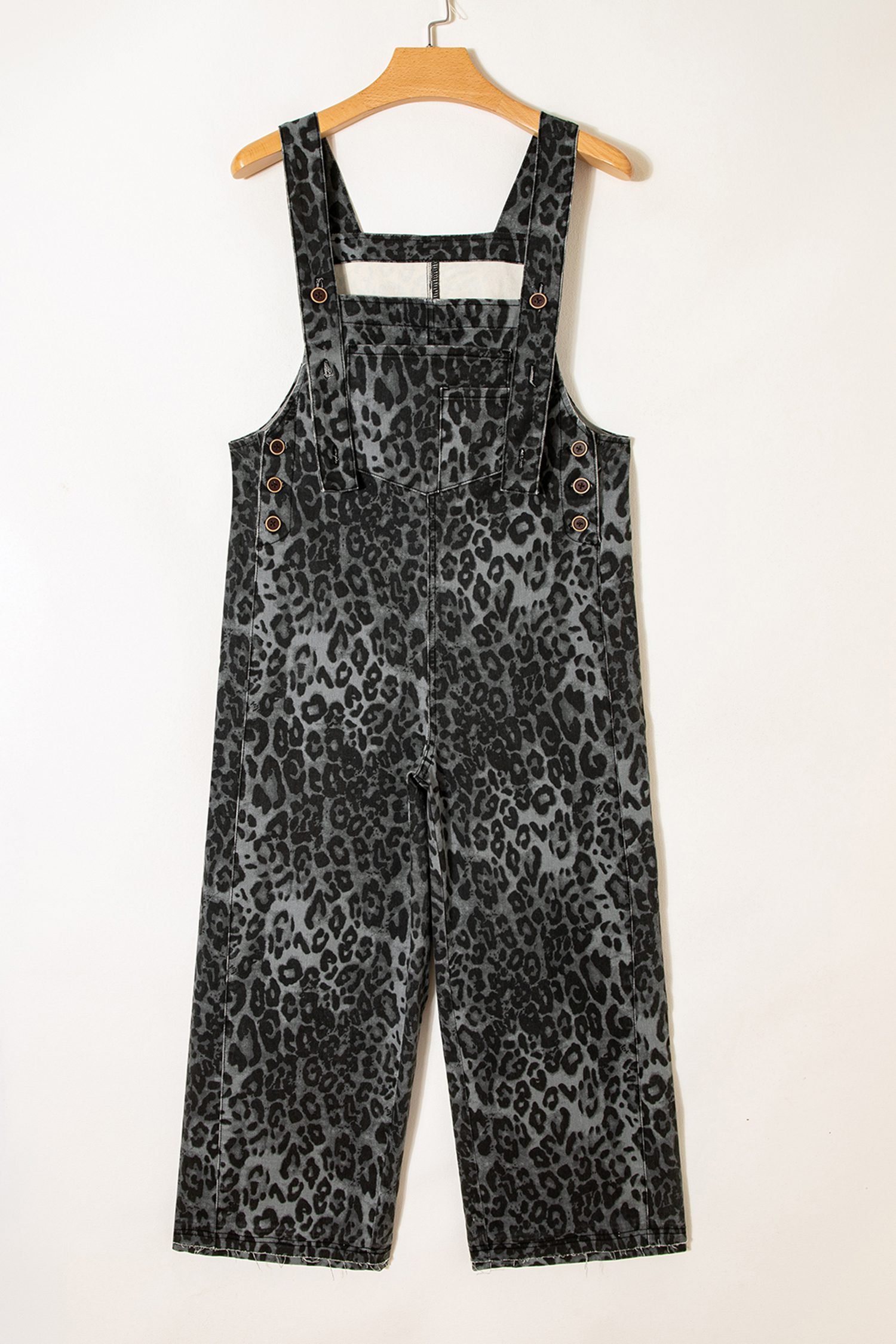 Gray Leopard Print Button Adjustable Straps Cropped Loose Denim Overalls - Image 6