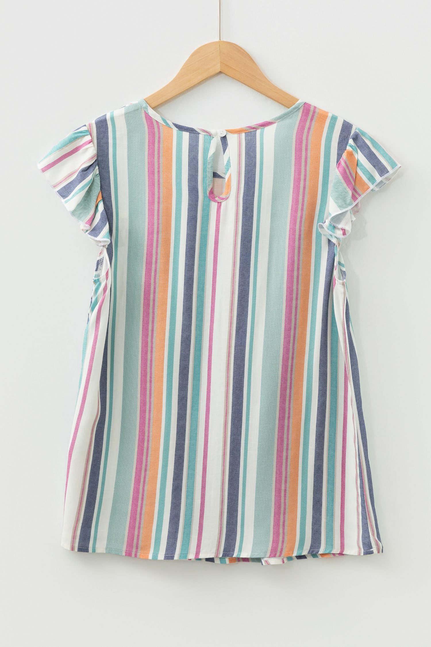 Light Blue Lace Hollow-out Insert Flutter Sleeve Striped Blouse