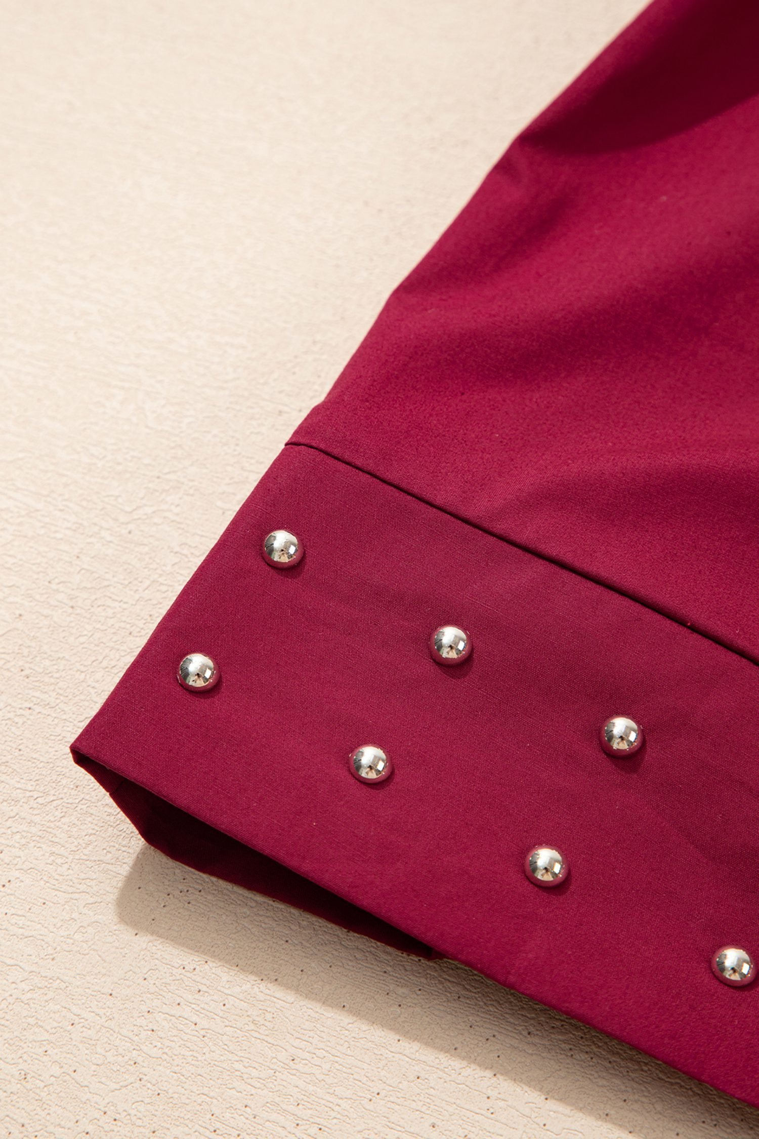 Burgundy Rivet Embellished V Neck Short Puff Sleeve Blouse