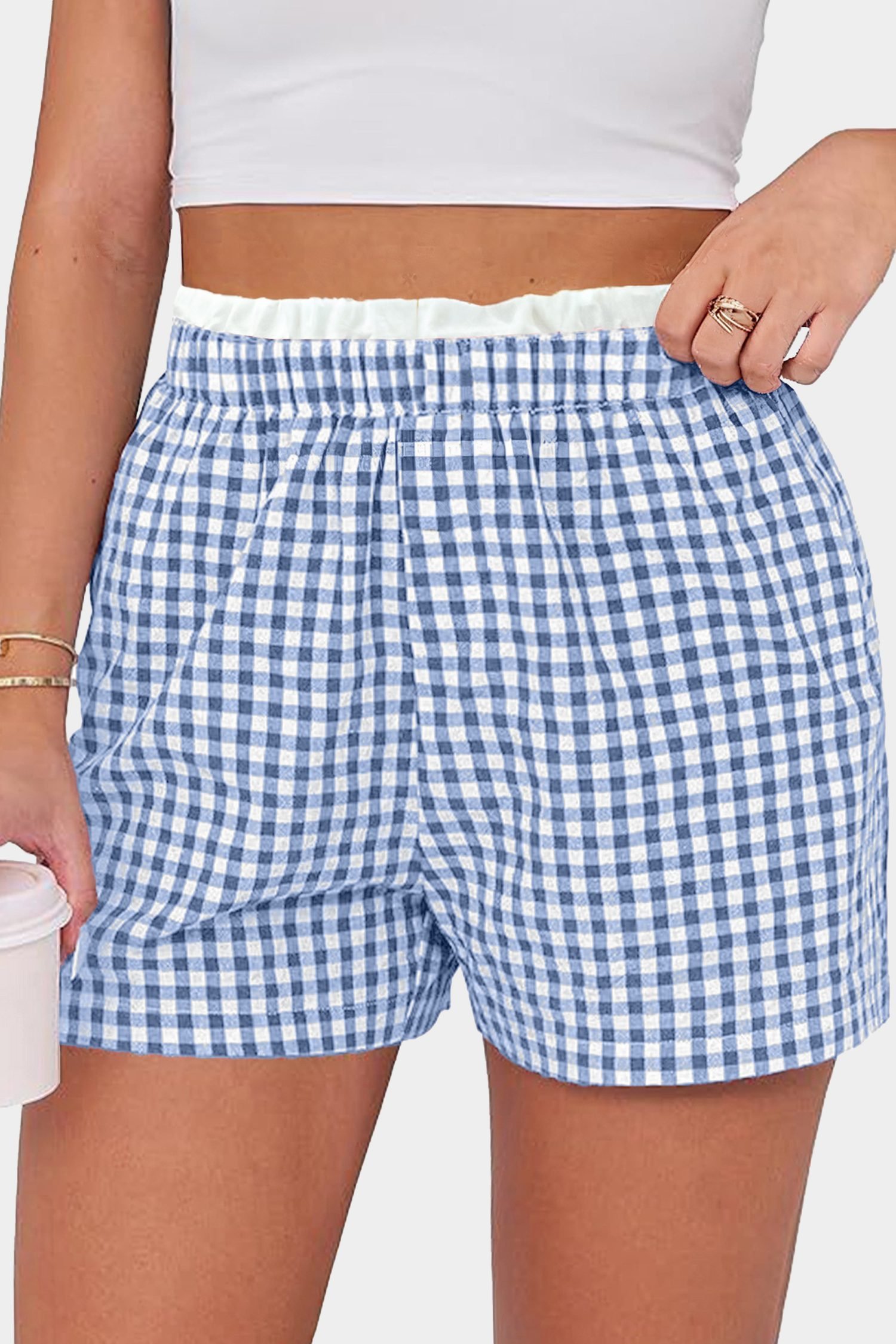 Sky Blue Contrast Trim Plaid Print Plus Size Shorts
