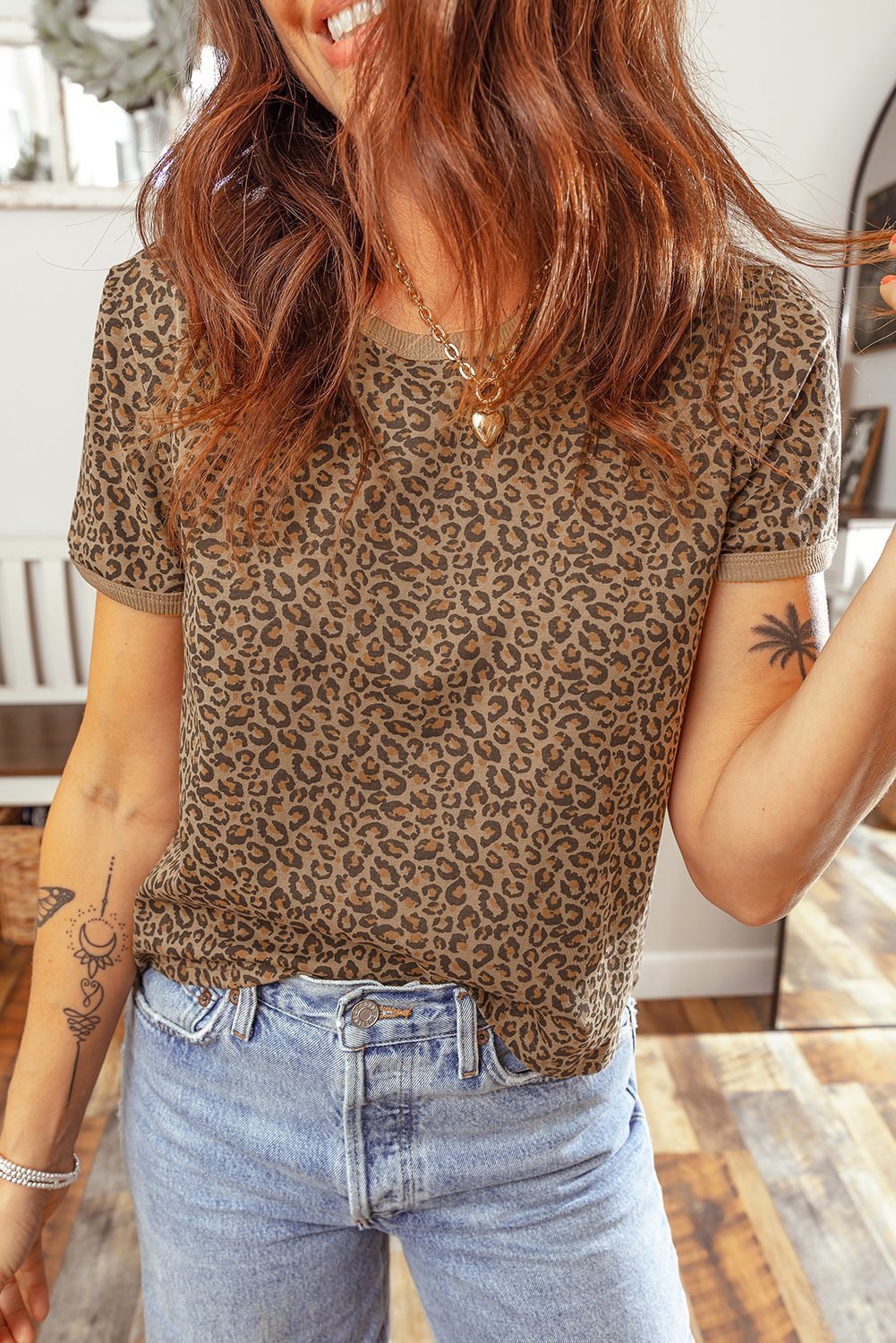 Khaki Fierce Leopard Crew Neck T Shirt