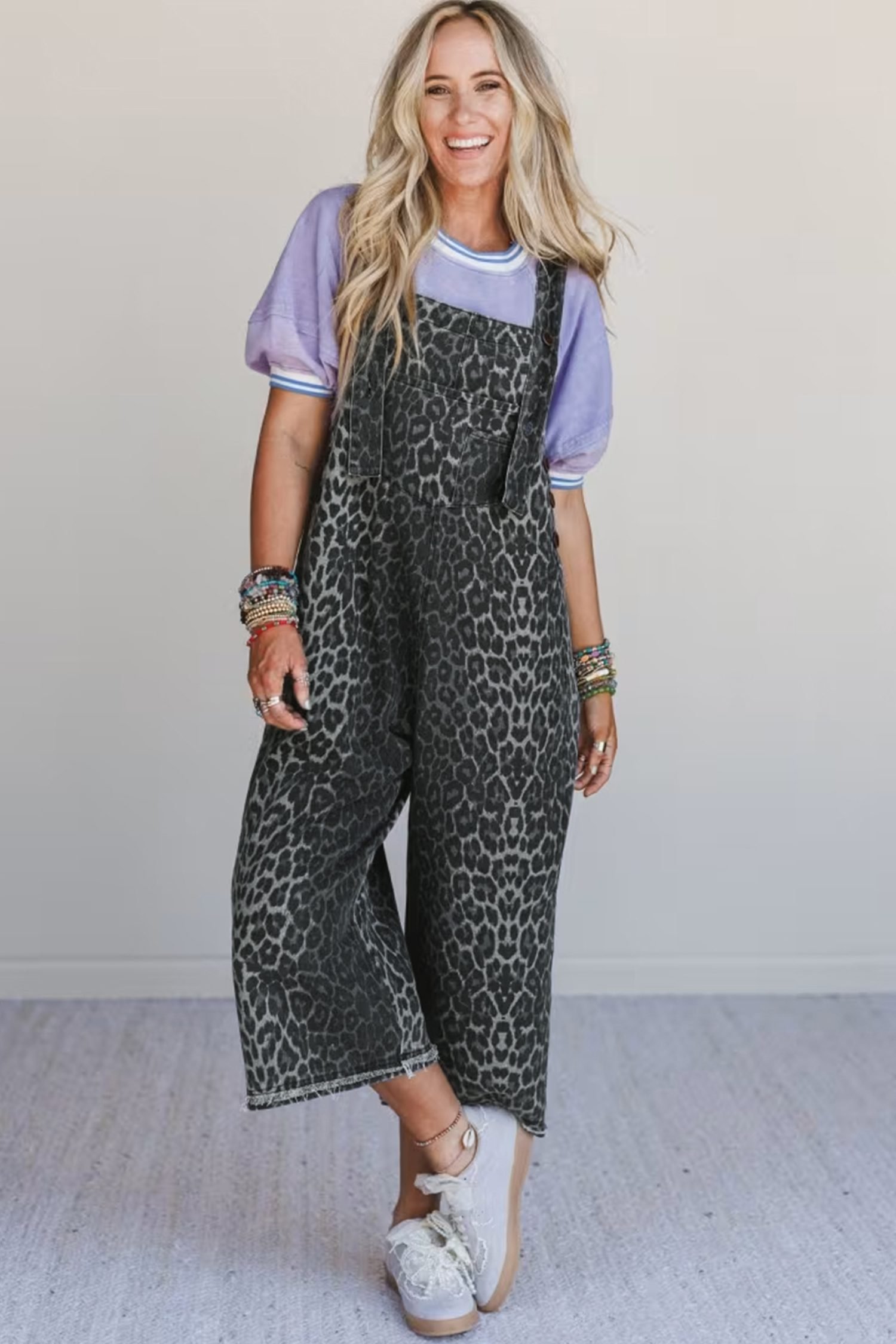Gray Leopard Print Button Adjustable Straps Cropped Loose Denim Overalls - Image 4