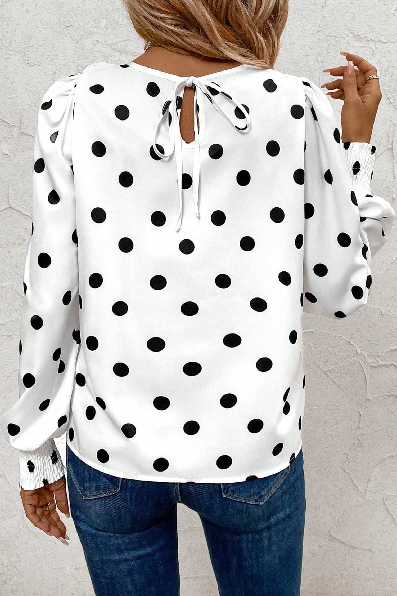 White Polka Dot Print Round Neck Frilled Long Sleeve Blouse - Image 2