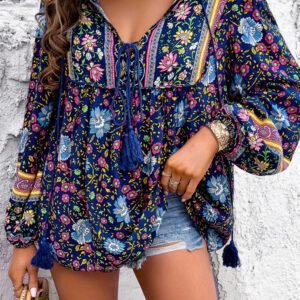 Blue Bohemian Floral Print Tassel Tie Front Long Sleeve Blouse