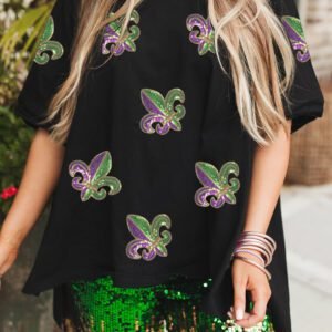 Black Sequin Mardi Gras Fleur De Lis Oversized T Shirt