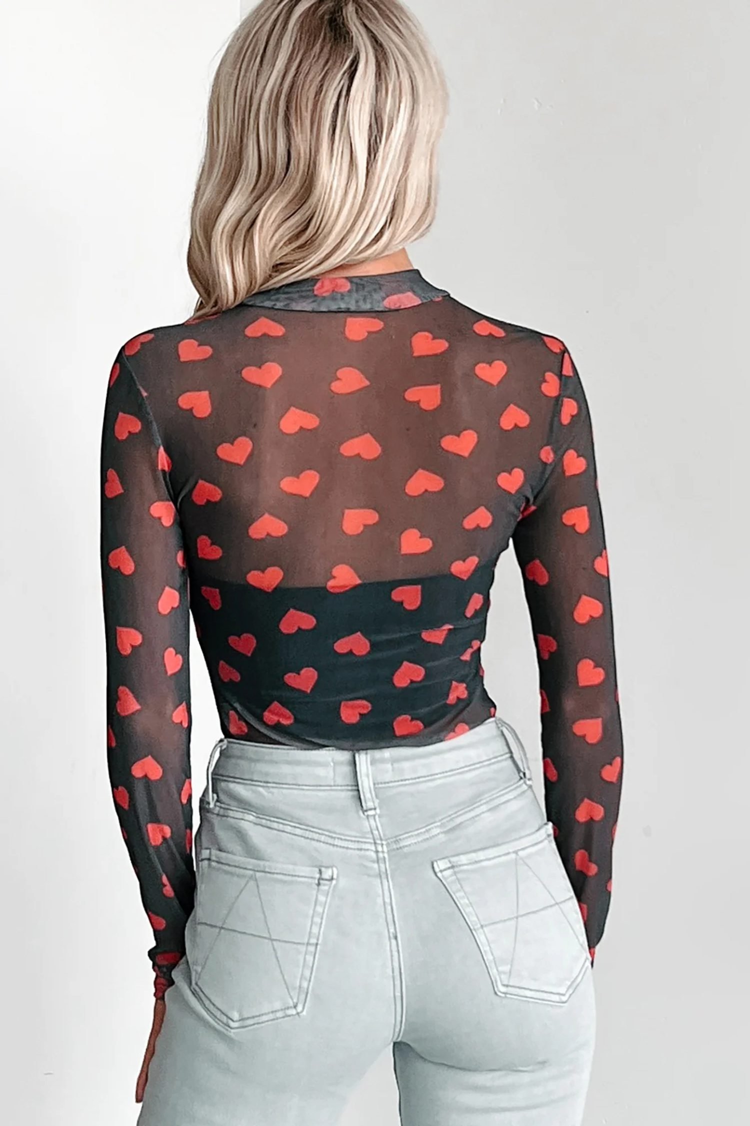 Black Valentines Heart Printed Sheer Mesh Long Sleeve Top - Image 2