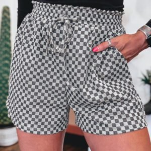 Gray Checkerboard Print Drawstring Elastic Waist Pocketed Shorts