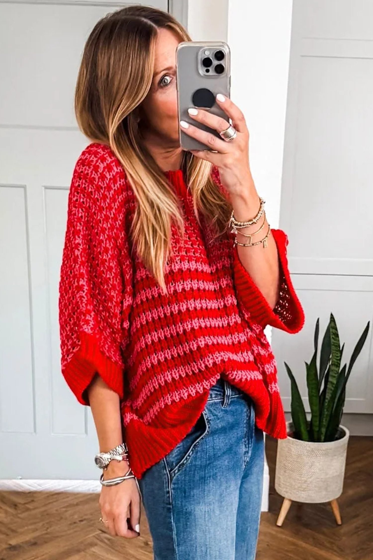 Red Stripe 3/4 Draped Sleeve Slouchy Sweater - Image 4