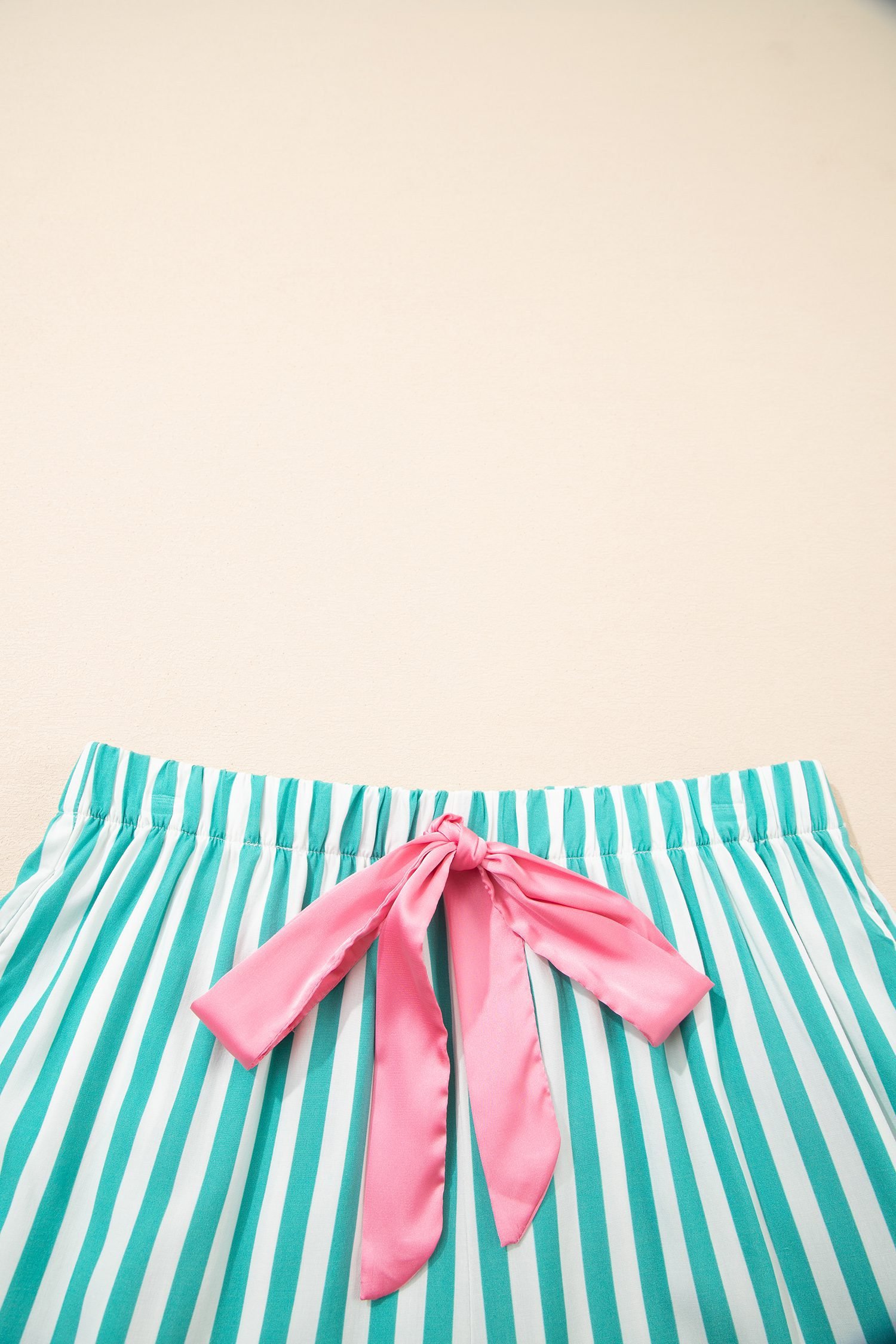 Green Stripe Contrast Ricrac Trim Long Sleeve Shirt Drawstring Ruffled Pajama Short Set