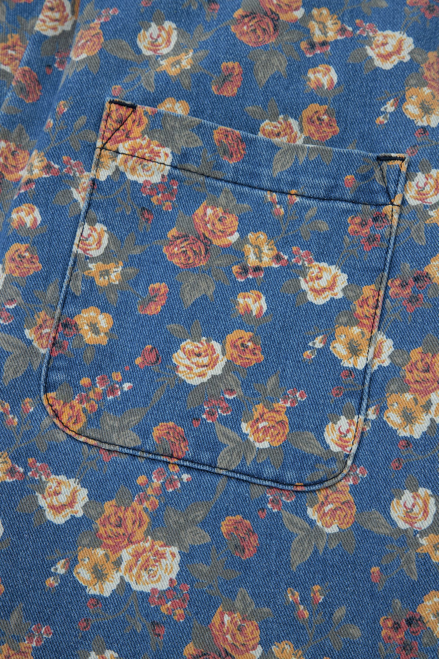 Blue Vintage Rose Printed Pleated Loose Denim Overall Jumpsuit