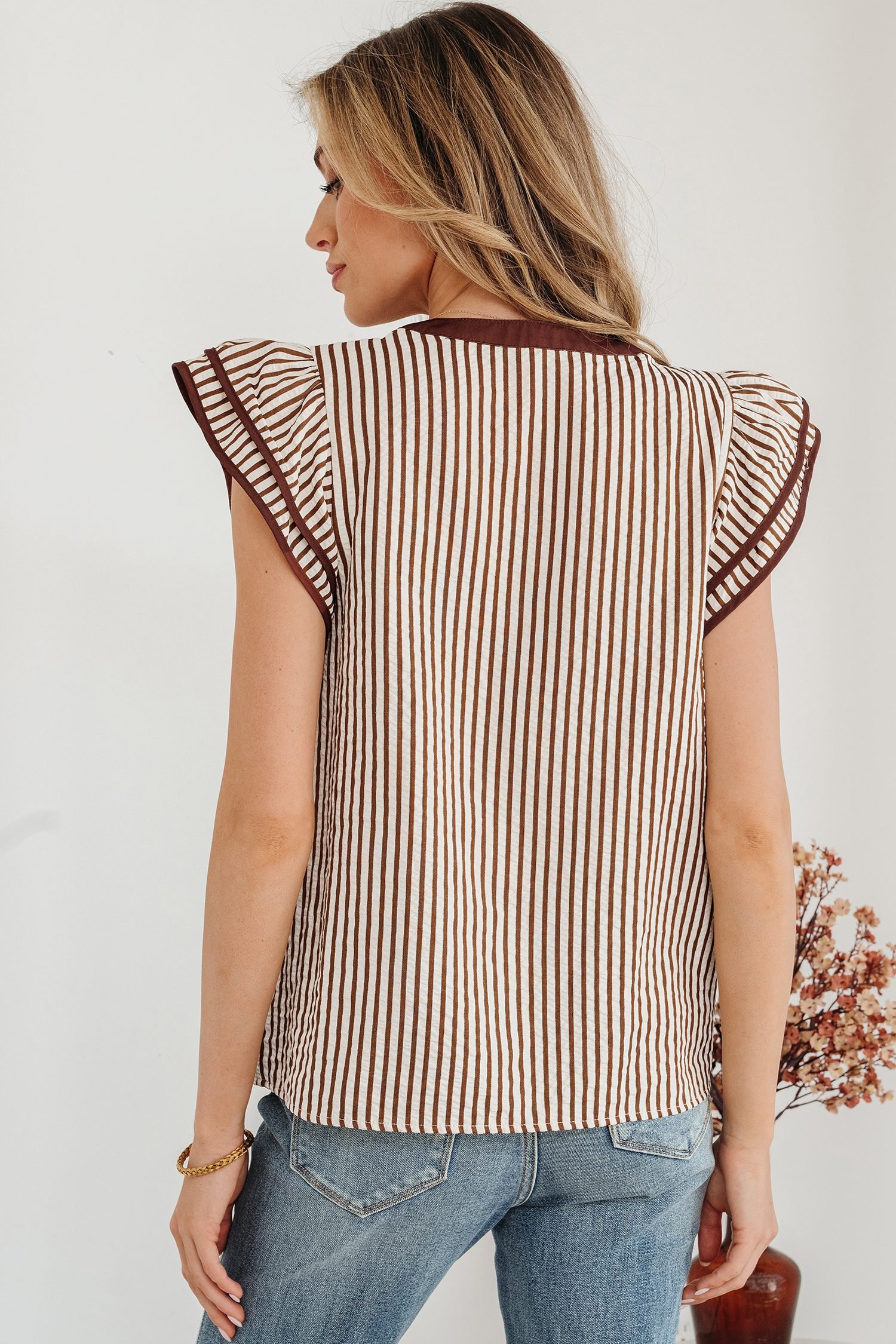 Khaki Stripe Double Ruffled Short Sleeve V Neck Blouse - Image 2