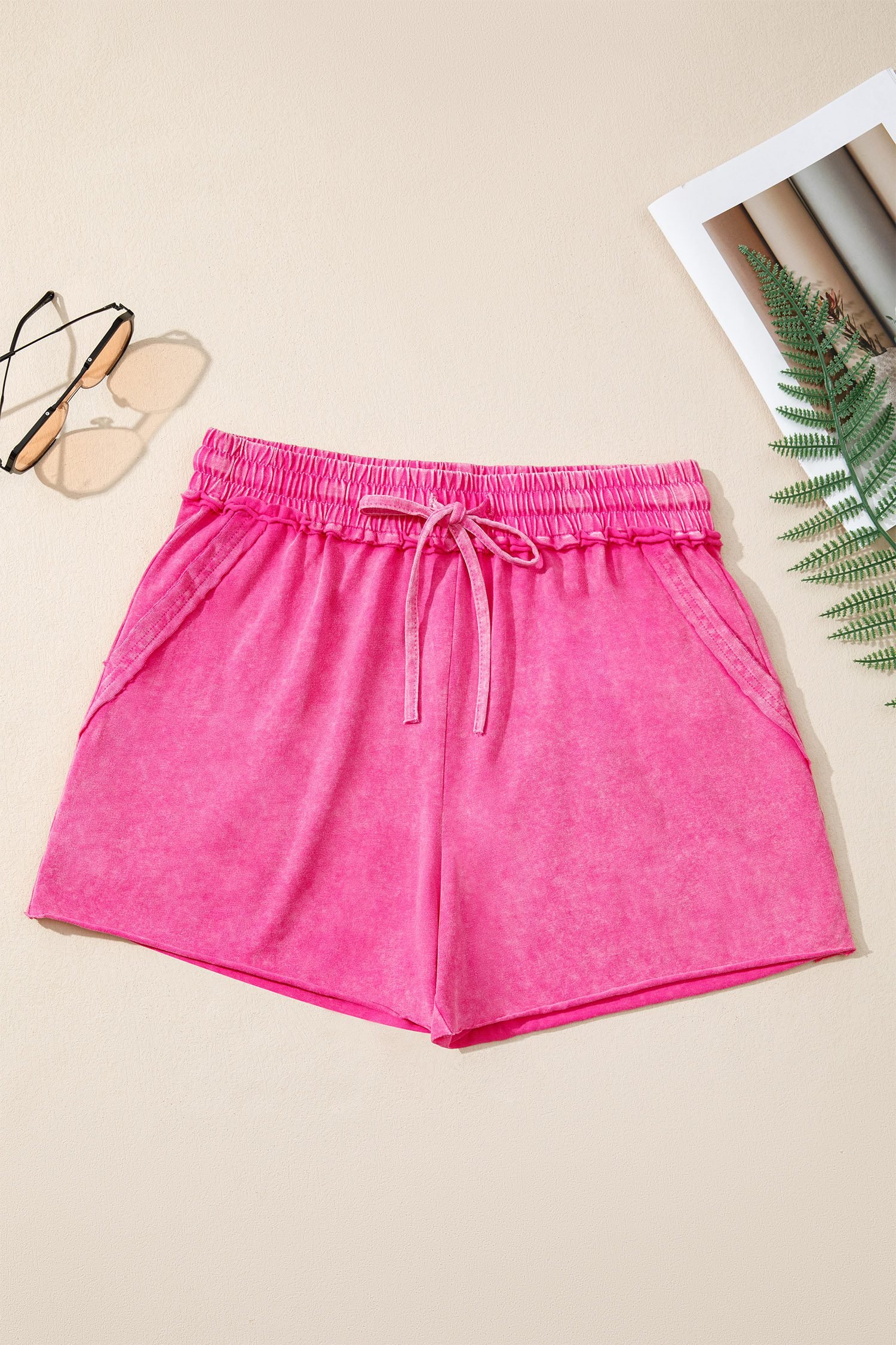 Rose Red Mineral Washed Drawstring Elastic Waist Raw Cut Shorts - Image 4