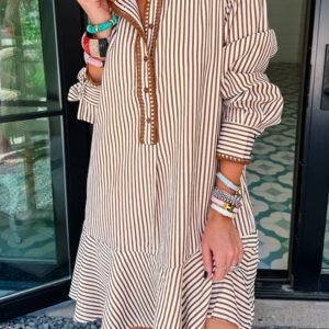 Khaki Stripe Shirt Collar Embroidered Trim Ruffle Hem Long Sleeve Mini Dress