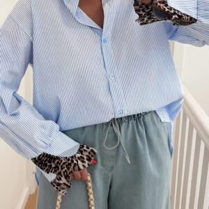 Sky Blue Stripe Ruffled Leopard Patchwork Long Sleeve Button Down Loose Shirt
